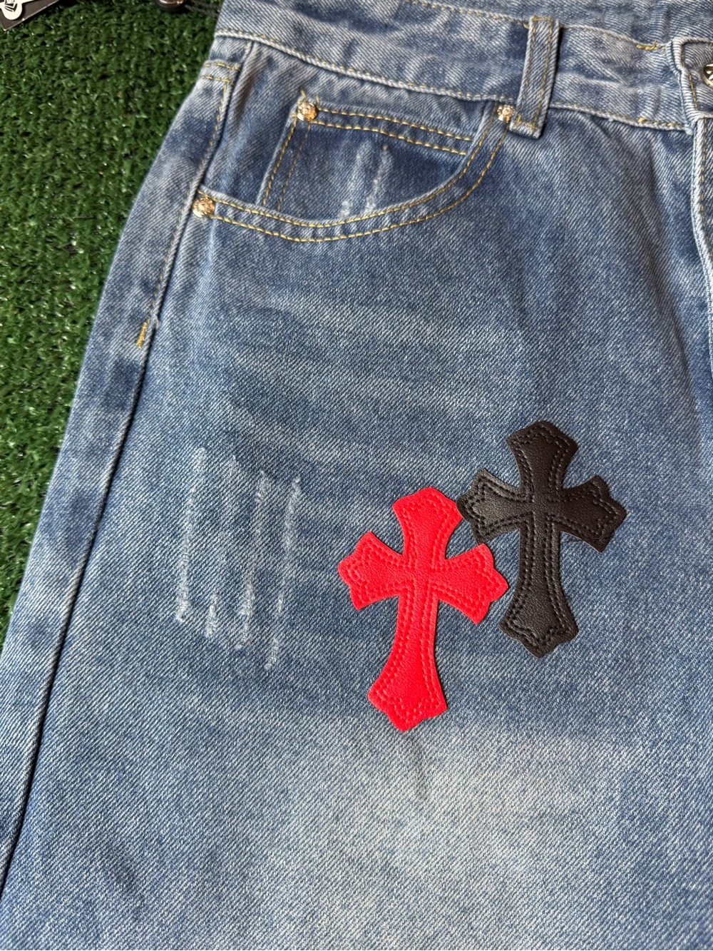 Straight Men’s Denim Jeans with Red & Black Cross Patches - Picture 6 of 12